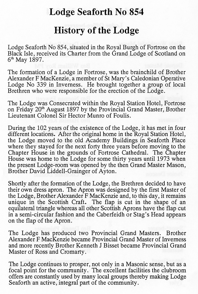 The History of Lodge Seaforth No 854